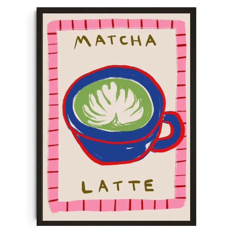 Illustration of a matcha latte with a pink border on a white background