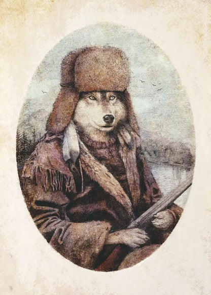 Artistic depiction of a wolf in human clothing with a hat and coat, holding a rifle.