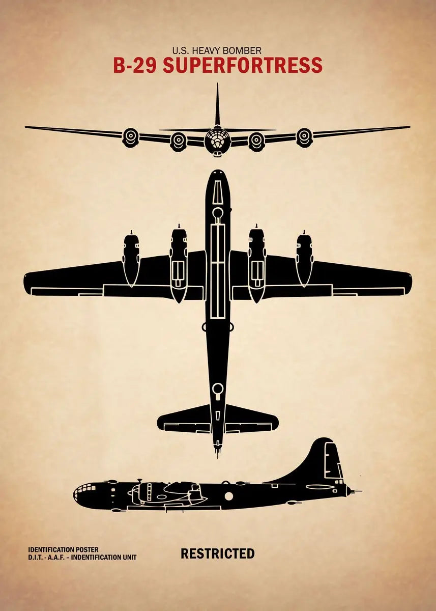 Black silhouette of a B-29 Superfortress on a beige background with text.