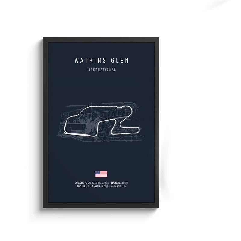 Framed poster of Watkins Glen International race track layout on a dark blue background