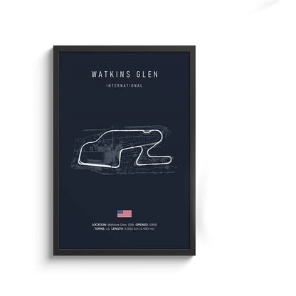 Framed poster of Watkins Glen International race track layout on a dark blue background