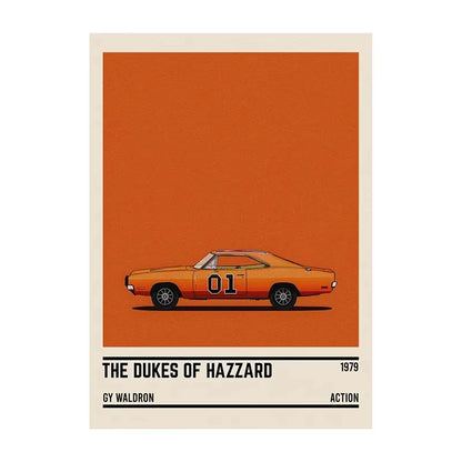 Poster of an orange car with text 'The Dukes of Hazzard' on a red background