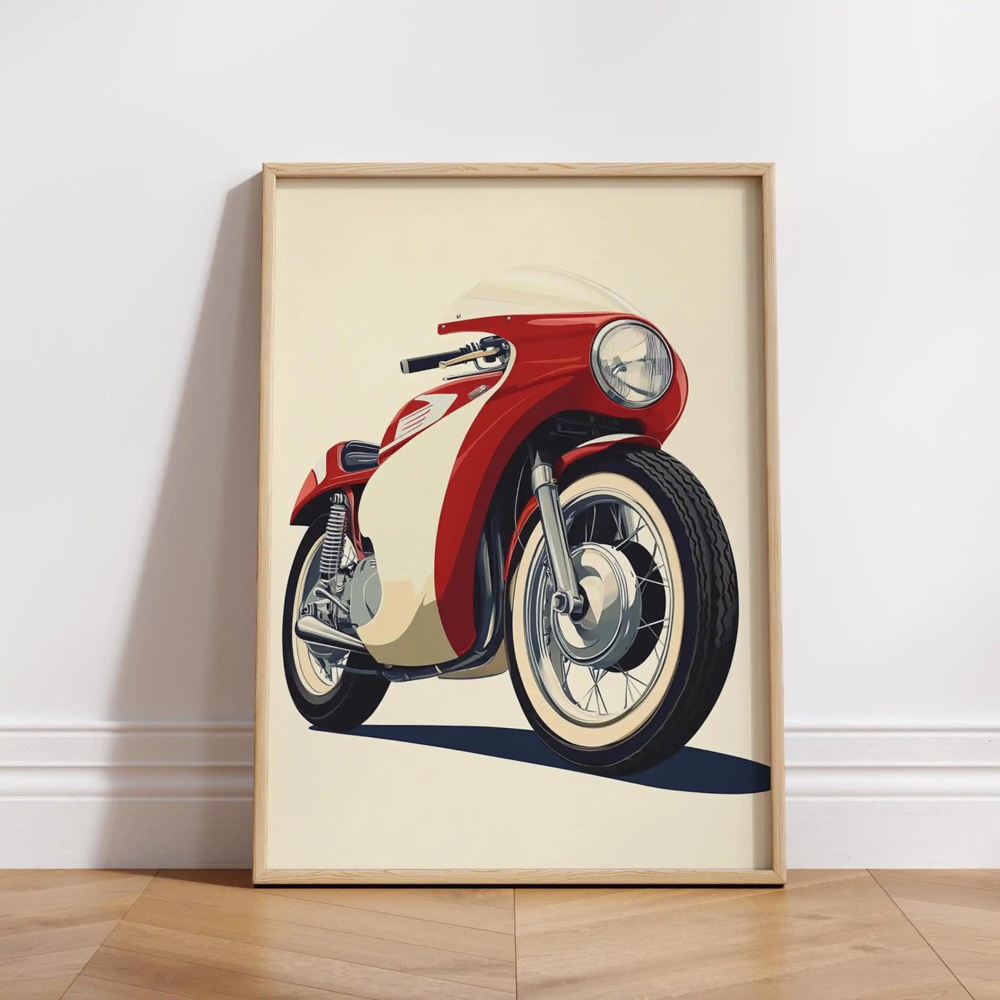 Framed poster of a red motorcycle on a beige background
