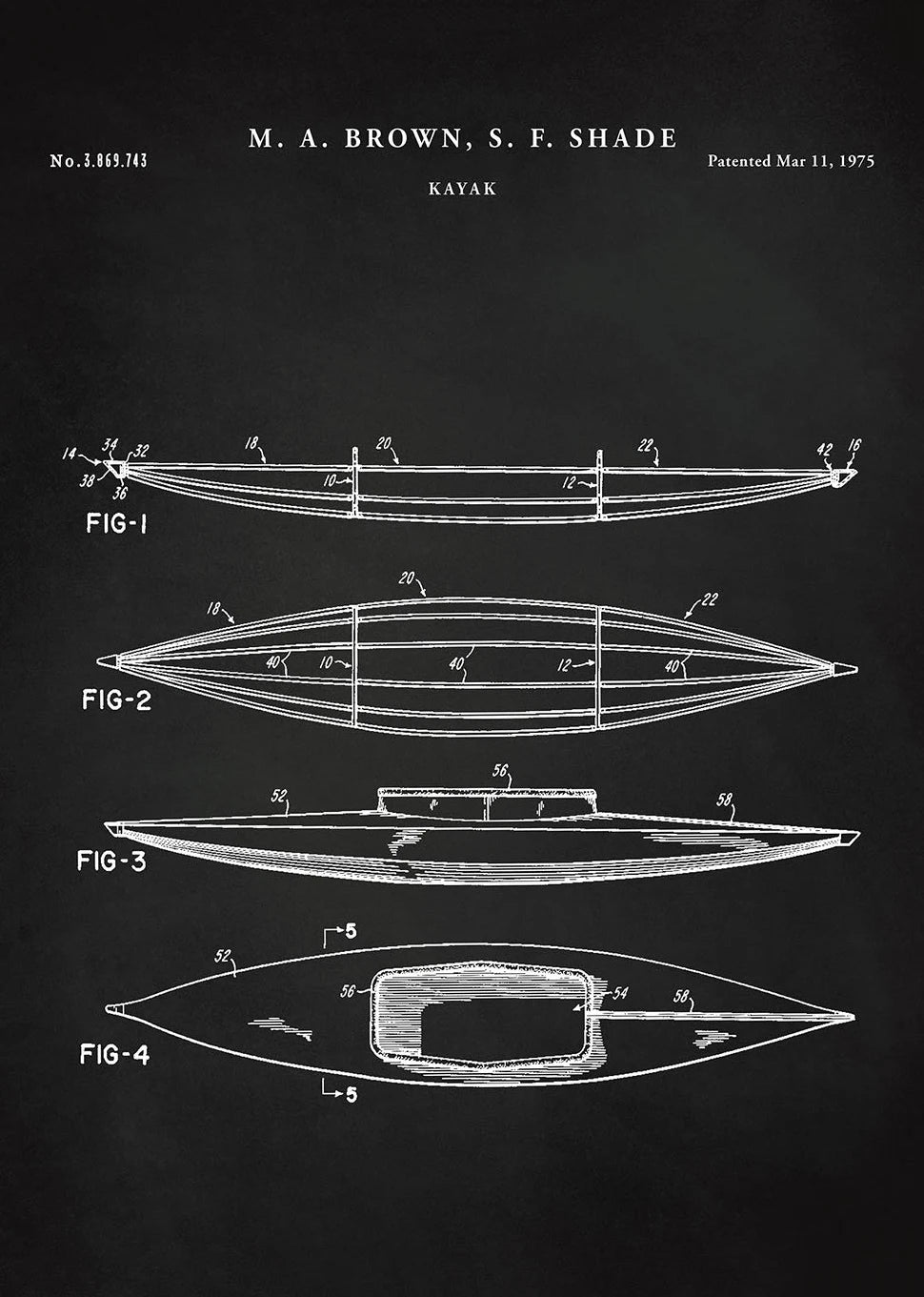 Kayak patent illustration with labeled figures on a dark background