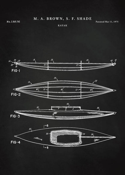 Kayak patent illustration with labeled figures on a dark background