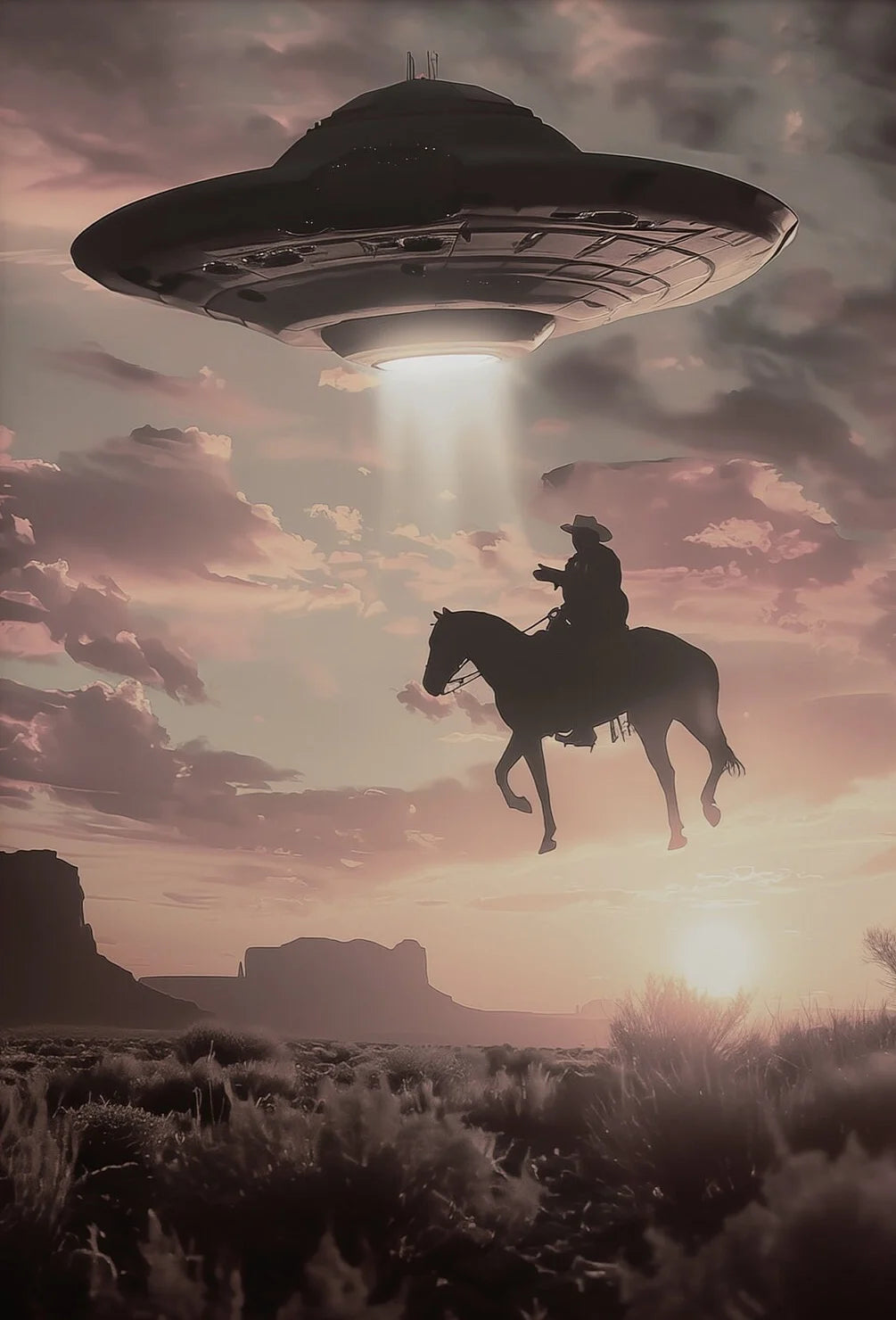 Cowboy on horseback with a UFO hovering above, set against a desert landscape with a sunset.