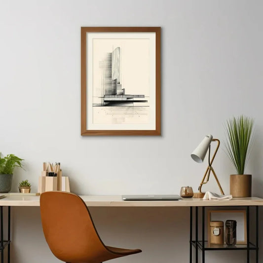 Modern office setup with a framed artwork on the wall, desk, chair, and decorative items. Canvas & Curio