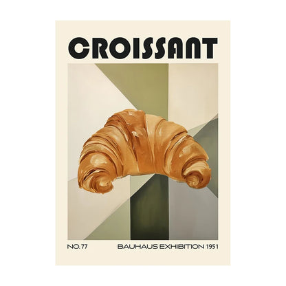 Poster of a croissant with geometric shapes and text on a beige background