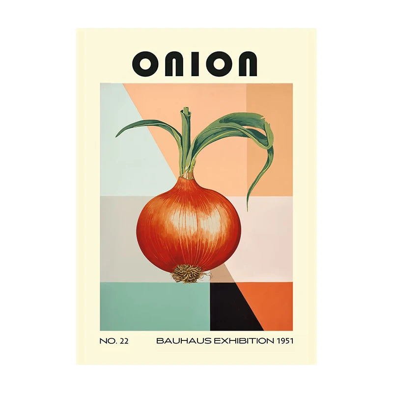 Poster of an onion with a Bauhaus exhibition design on a colorful geometric background
