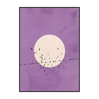 Framed artwork with a purple background, white circle, and black birds on a wire.