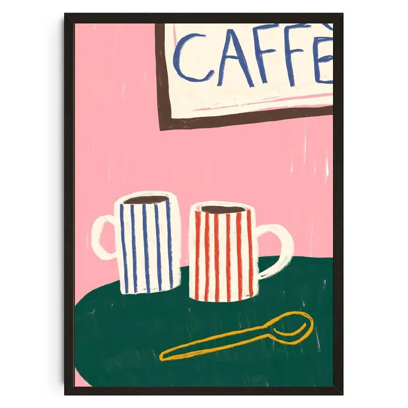 Illustration of two striped mugs and a spoon on a pink background with 'CAFFE' sign.