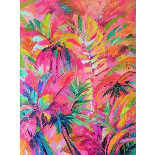Colorful tropical leaf pattern on a pink background