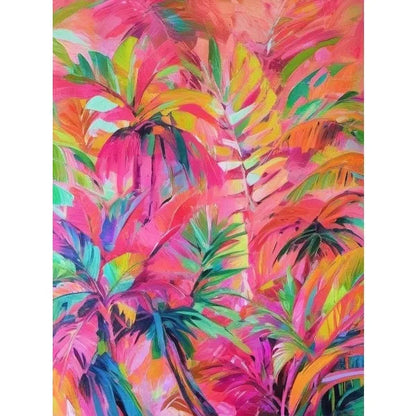 Colorful tropical leaf pattern on a pink background