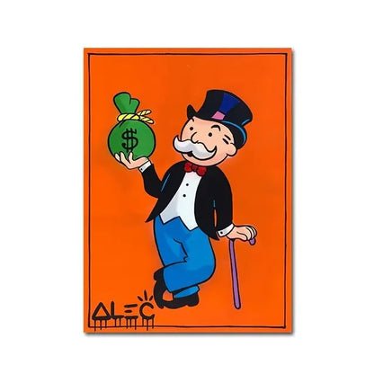 Monopoly mascot holding a bag of money on an orange background