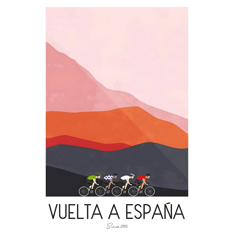 Simplified illustration of cyclists on a mountainous landscape with 'Vuelta a Espana' text.