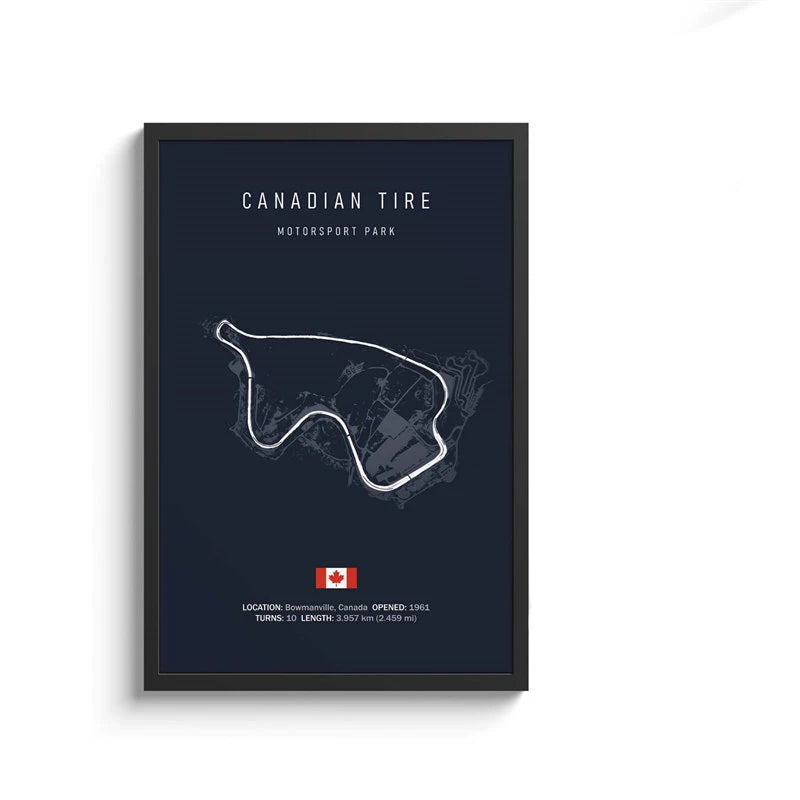 Framed poster of Canadian Tire Motorsport Park with track layout and Canadian flag on a dark blue background.
