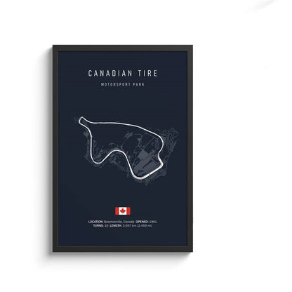 Framed poster of Canadian Tire Motorsport Park with track layout and Canadian flag on a dark blue background.