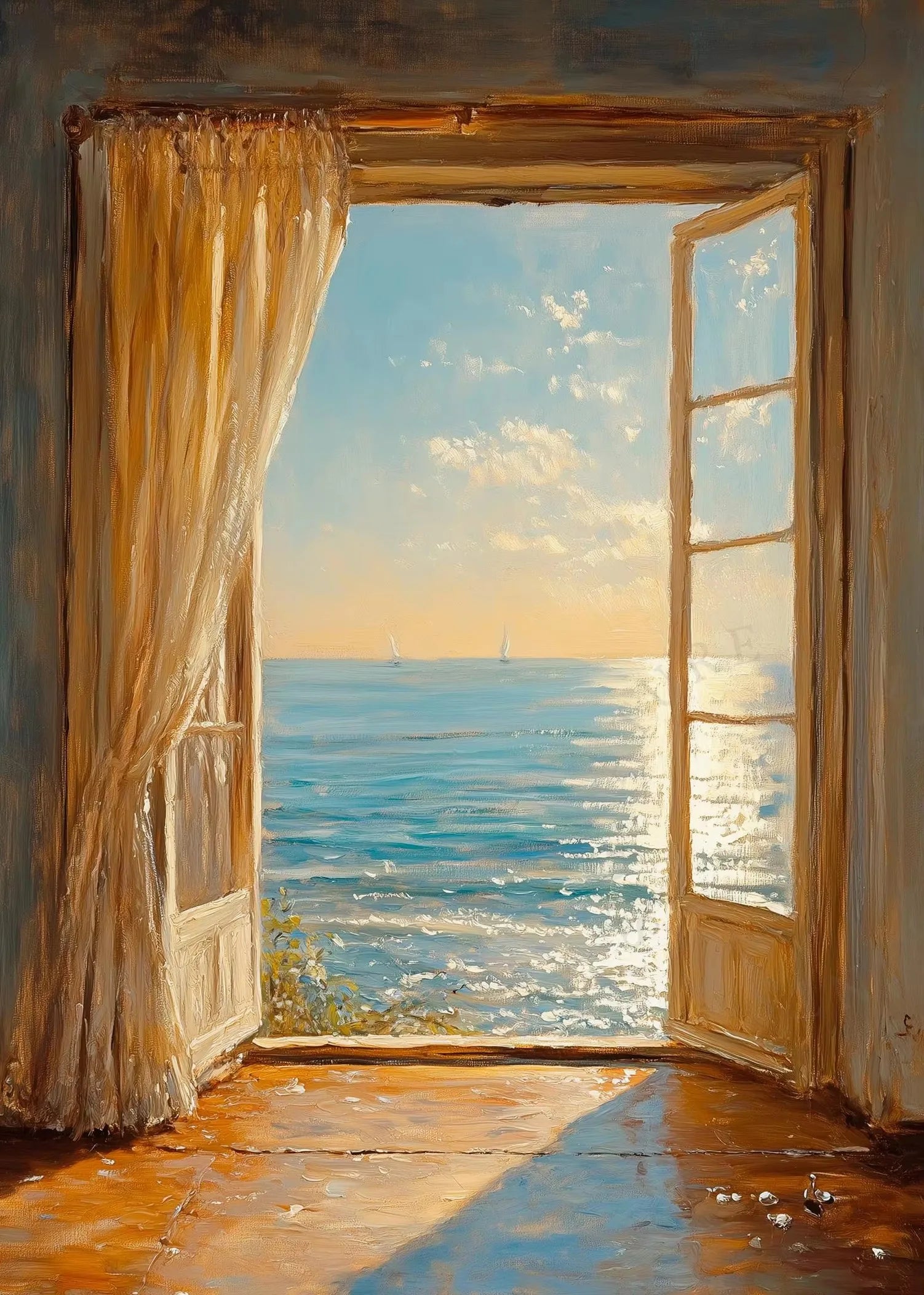 Open window with curtains showing a view of the ocean and sky.