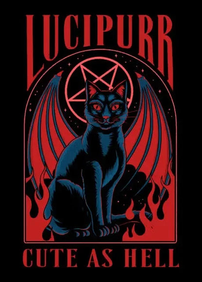 Illustration of a black cat with red eyes and wings, surrounded by red text and symbols on a black background.
