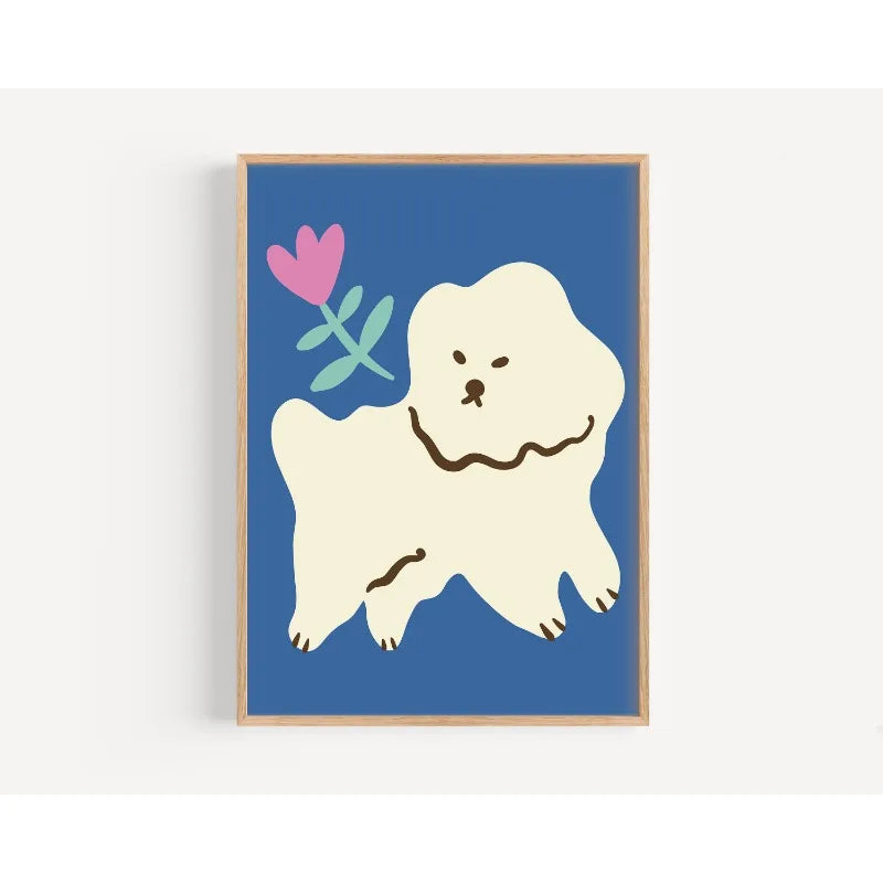 Framed artwork of a white dog with a pink heart and green leaves on a blue background