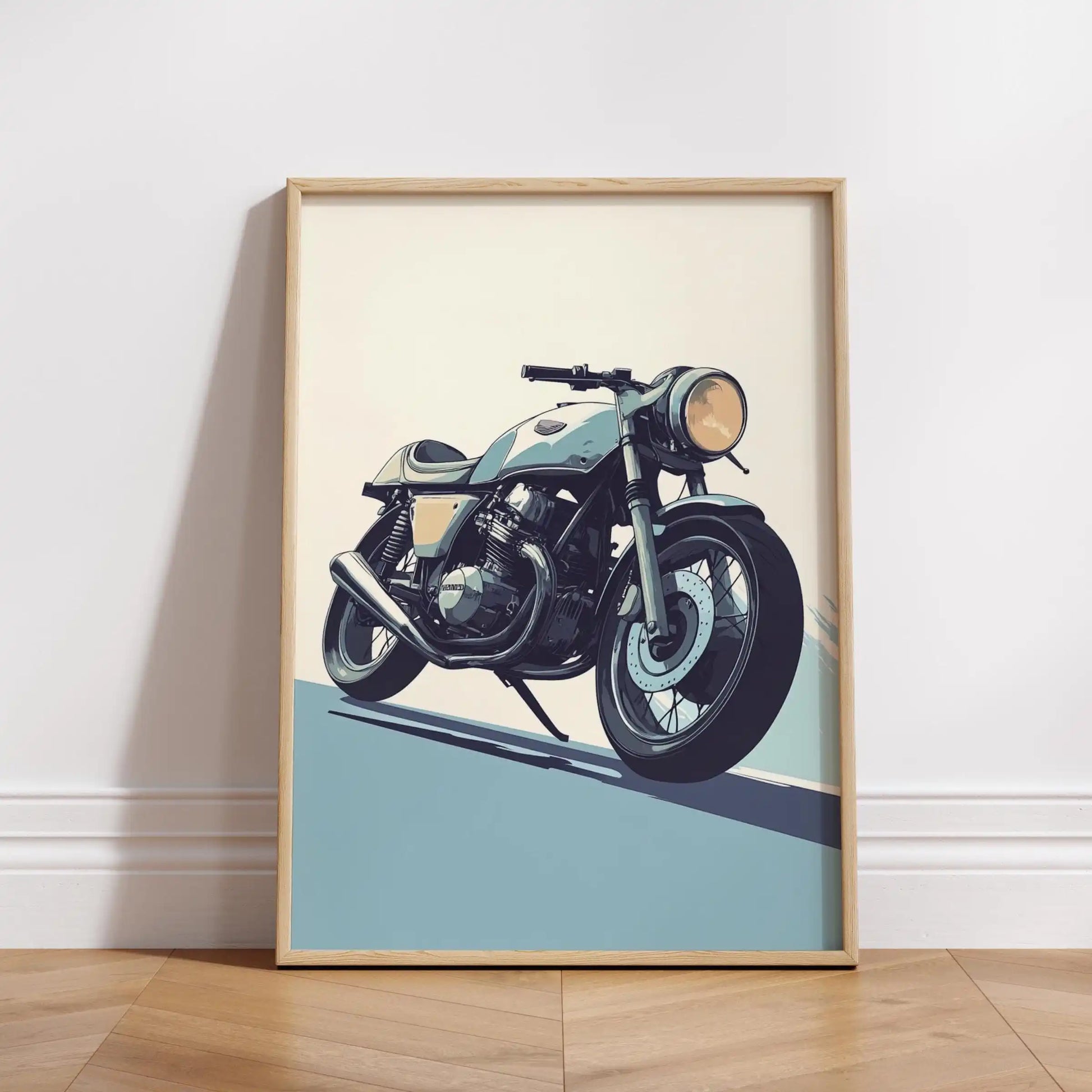 Framed poster of a motorcycle on a light blue background