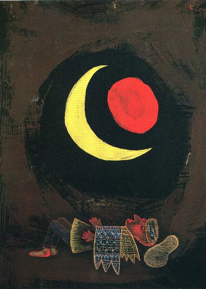 Abstract artwork with a yellow crescent moon and red circle on a dark background