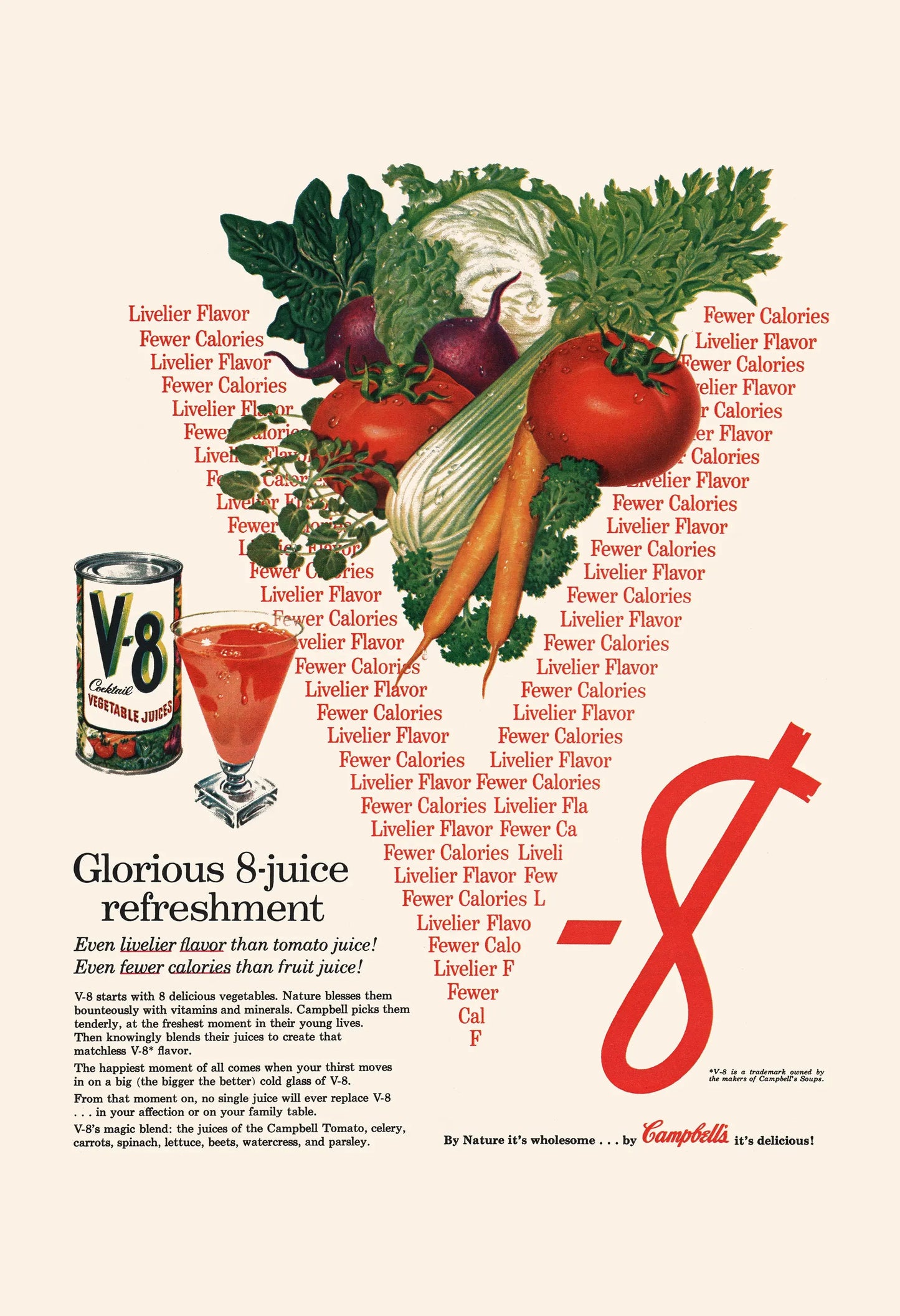 Vintage advertisement for V8 juice with vegetables and a red 'V' logo on a beige background