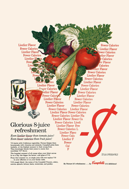 Vintage advertisement for V8 juice with vegetables and a red 'V' logo on a beige background