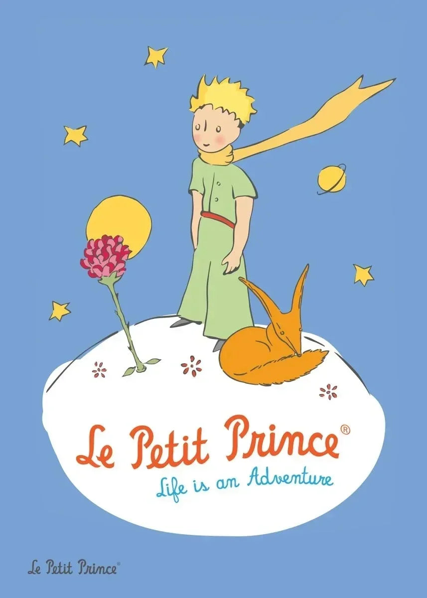 Cover of 'Le Petit Prince' with the boy, fox, and flower on a cloud against a blue sky.