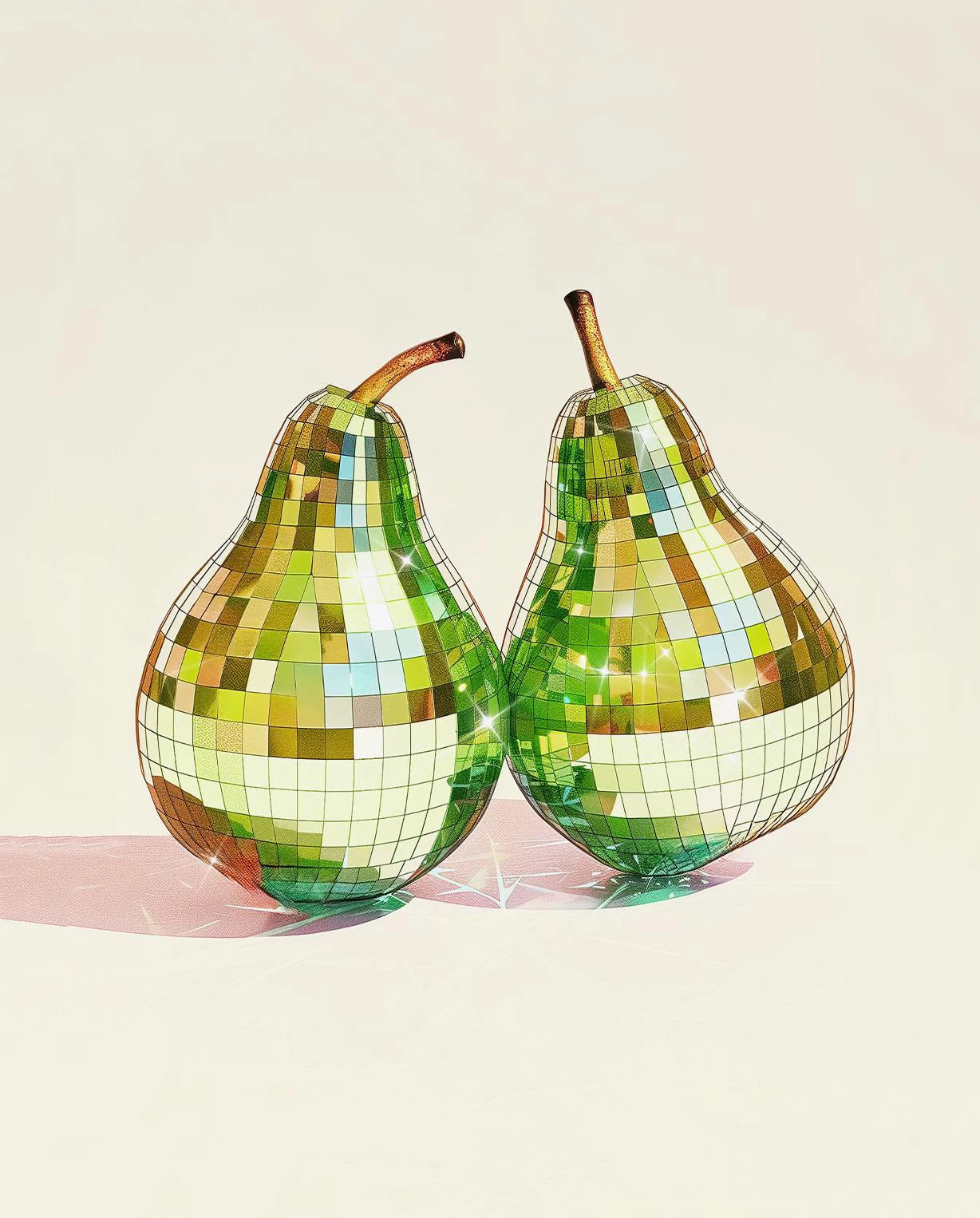 Two disco ball pears on a beige background