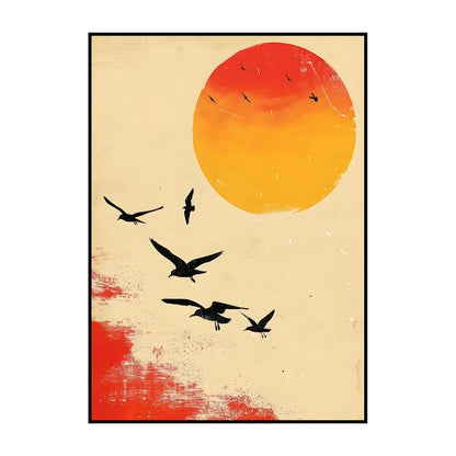 Poster with stylized birds and a large sun on a beige background