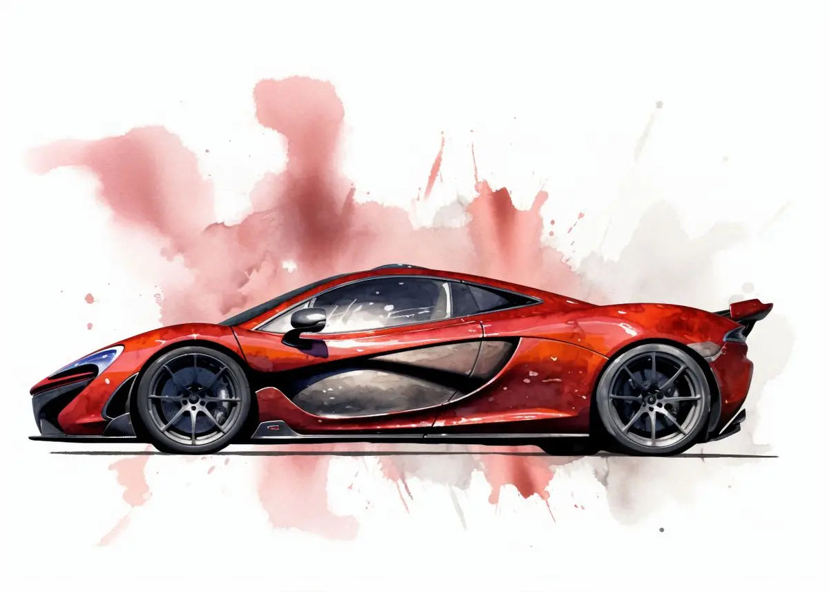 Red sports car on a white background with red abstract design
