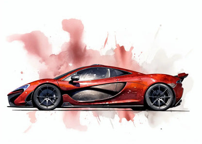Red sports car on a white background with red abstract design