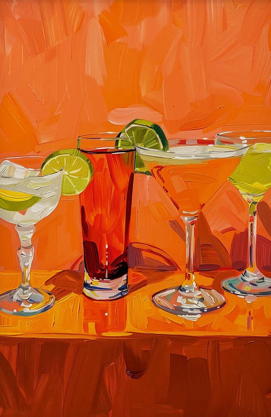 Artistic depiction of cocktails with lime wedges on an orange background