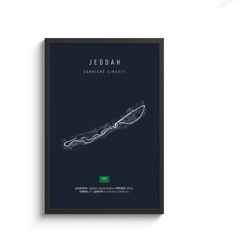 Framed map of Jeddah Corniche Circuit on a dark blue background