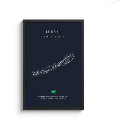 Framed map of Jeddah Corniche Circuit on a dark blue background