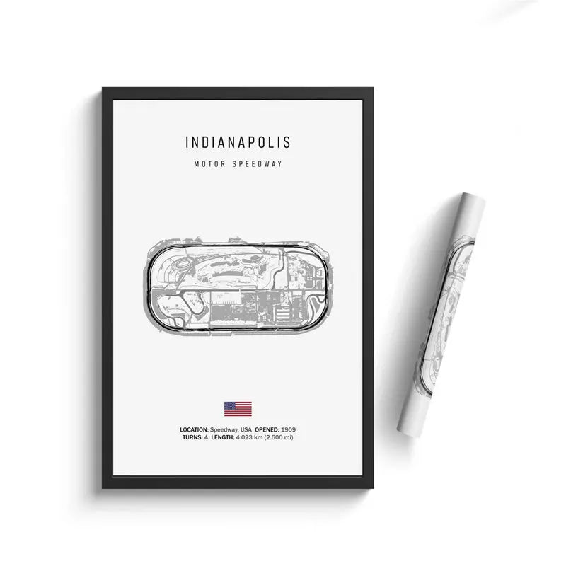 Framed map of Indianapolis Motor Speedway with a pen on a white background