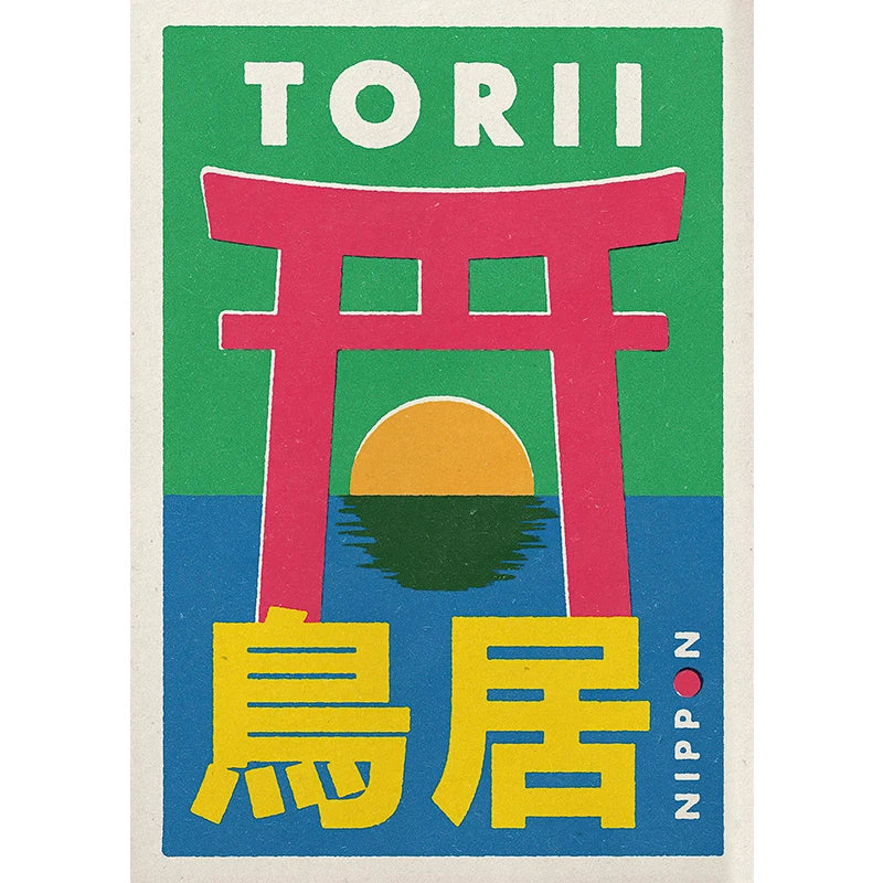 Colorful poster with a Torii gate design and Japanese text on a green and blue background.