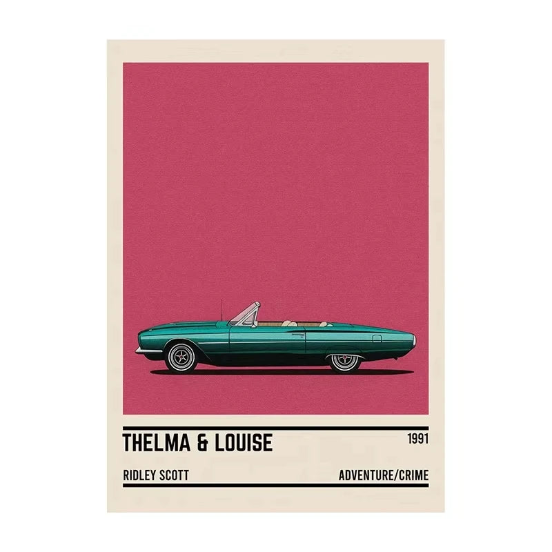 Poster of a green convertible car with 'Thelma & Louise' text on a pink background