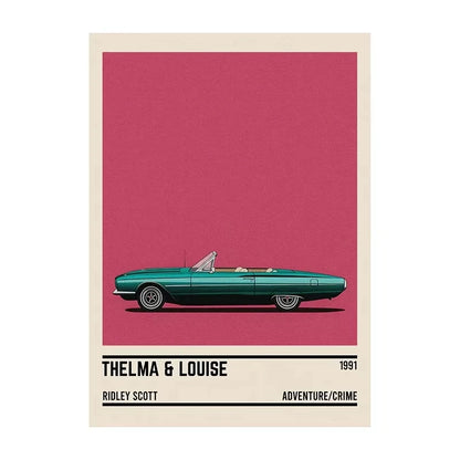 Poster of a green convertible car with 'Thelma & Louise' text on a pink background