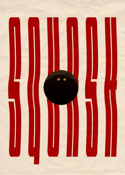 Black cat with yellow eyes inside red squiggle lines on beige background