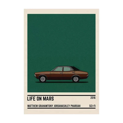 Poster with a brown car illustration on a green background, featuring text at the bottom.