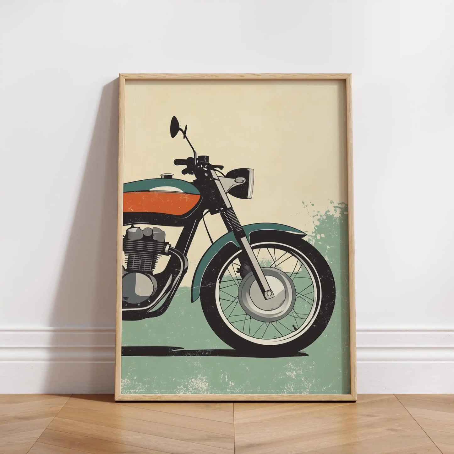 Framed poster of a motorcycle on a beige wall