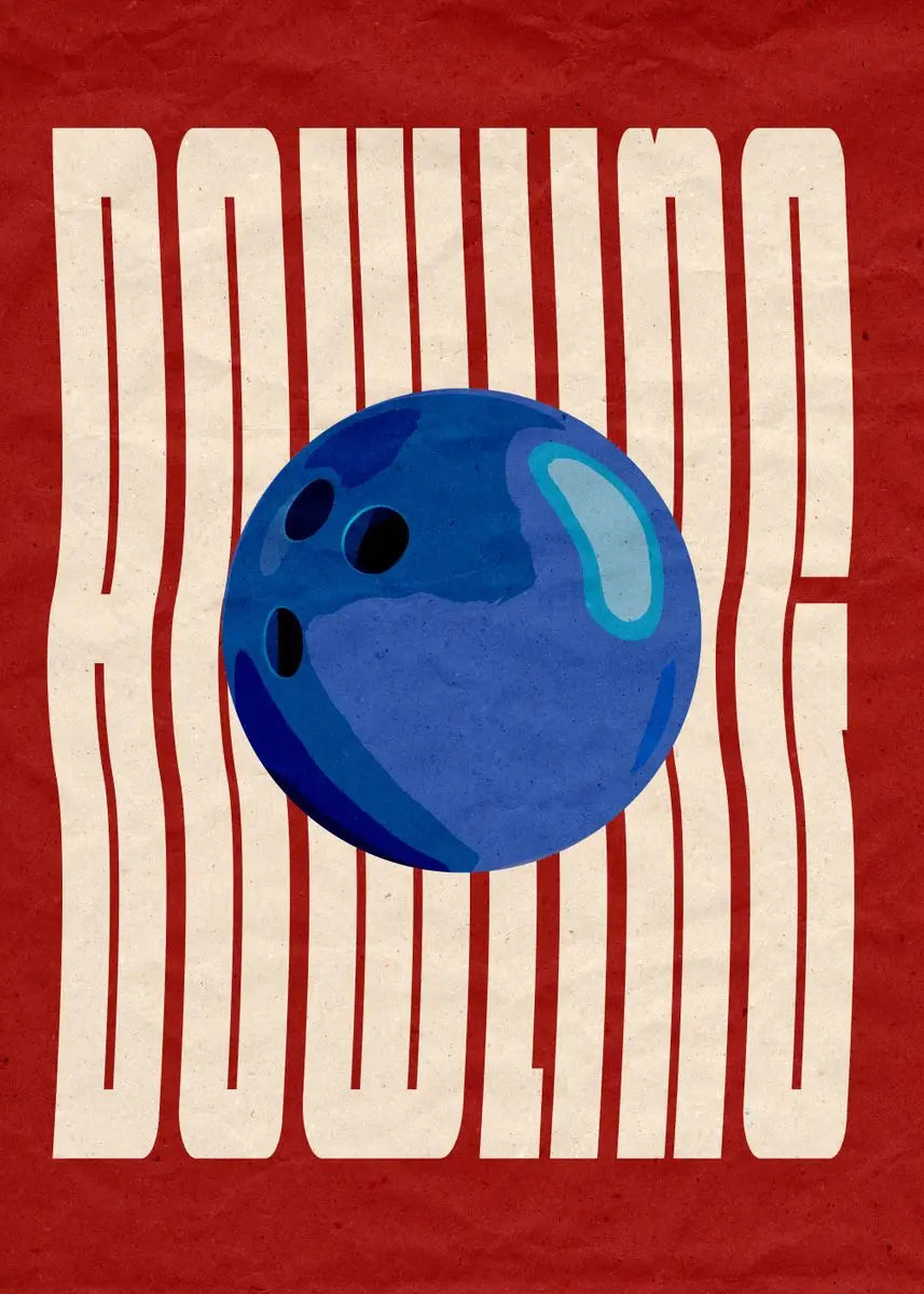 Blue bowling ball on a red and beige background with the word 'Bowling'.