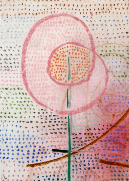 Abstract artwork with a pink flower-like shape on a textured background