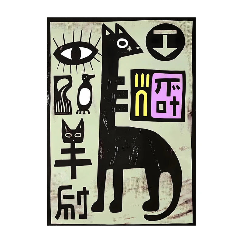 Abstract art piece with a black cat silhouette and various symbols on a light background