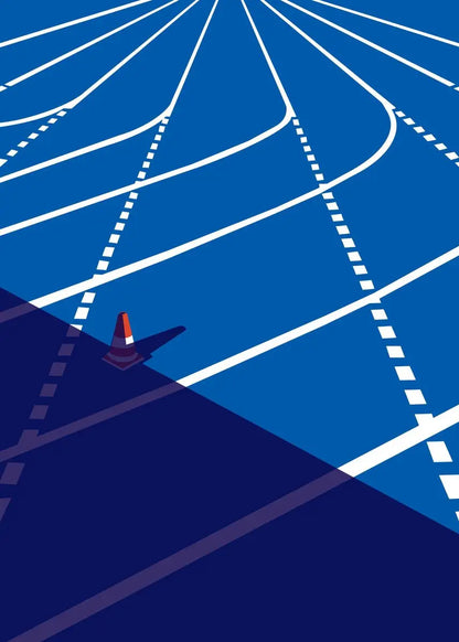 Abstract design with blue background and white lines converging towards a central point.