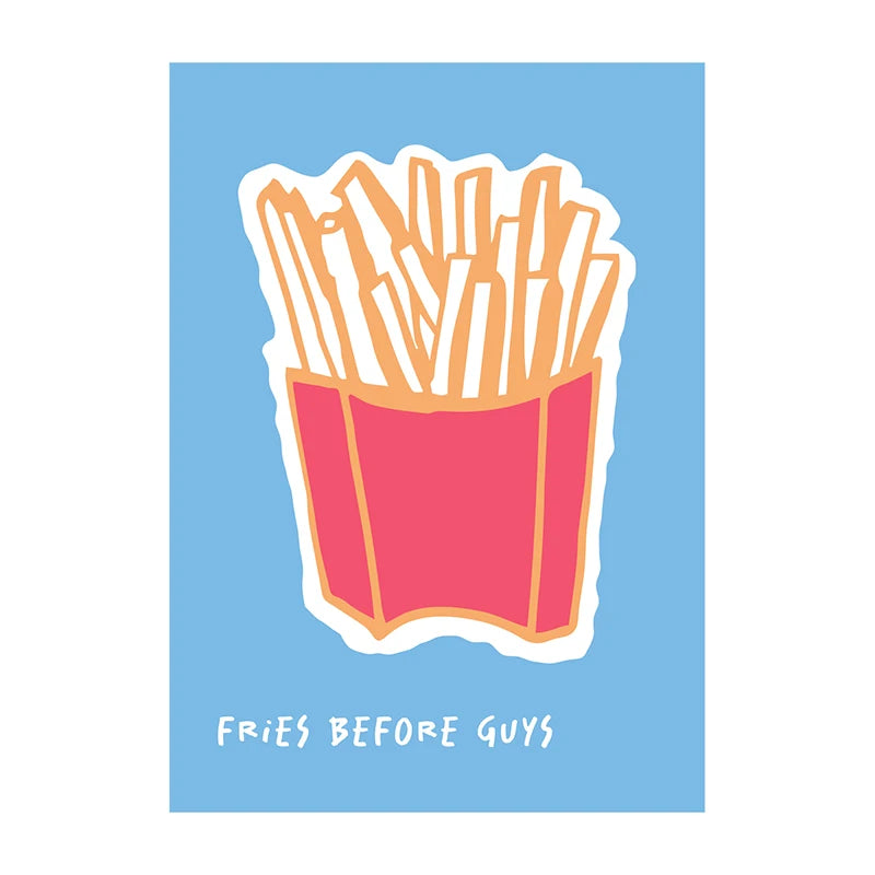Illustration of a box of fries with 'Fries Before Guys' text on a blue background