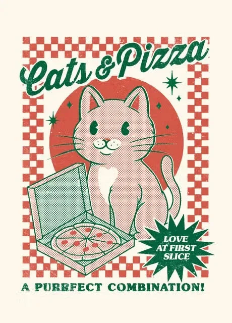 Illustration of a cat with a pizza and text 'Cats & Pizza' on a checkered background