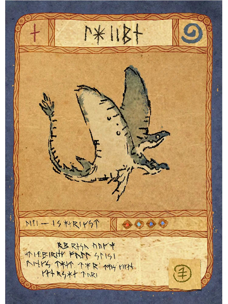 Vintage-style card with a dragon illustration and decorative border on a blue background